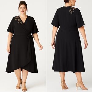 Tahari ASL Black‎ Gold Floral Embroidered Midi Dress Size 20W 20 Kimono Elegant